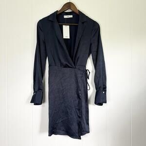 MNG by Mango Navy Blue Satin Collared Long Sleeve Mini Wrap Dress Women's 2